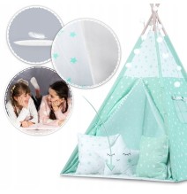 Palapinė Tipis Mint Stars su pagalvėlėmis ir girliandomis