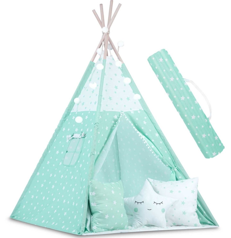 Palapinė Tipis Mint Stars su pagalvėlėmis ir girliandomis