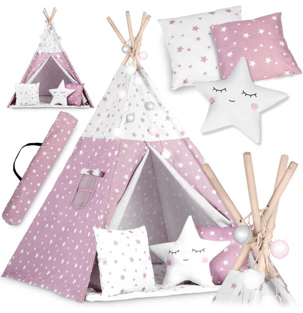 Palapinė Tipis Pink Stars su pagalvėlėmis ir girliandomis